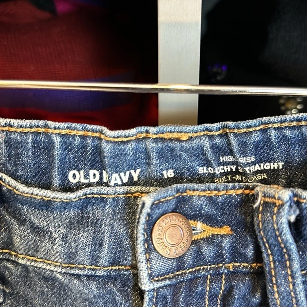Old Navy blue high rise slouchy straight distressed jeans size girl 16​